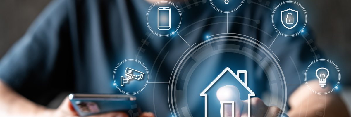 Man using his cell phone and pushing a futuristic digital icon in front of him