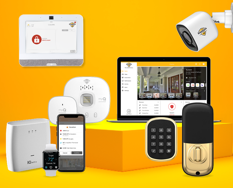 Multiple home security devices displayed together with mobile and desktop screens of the Myemailnotifier user dashboard