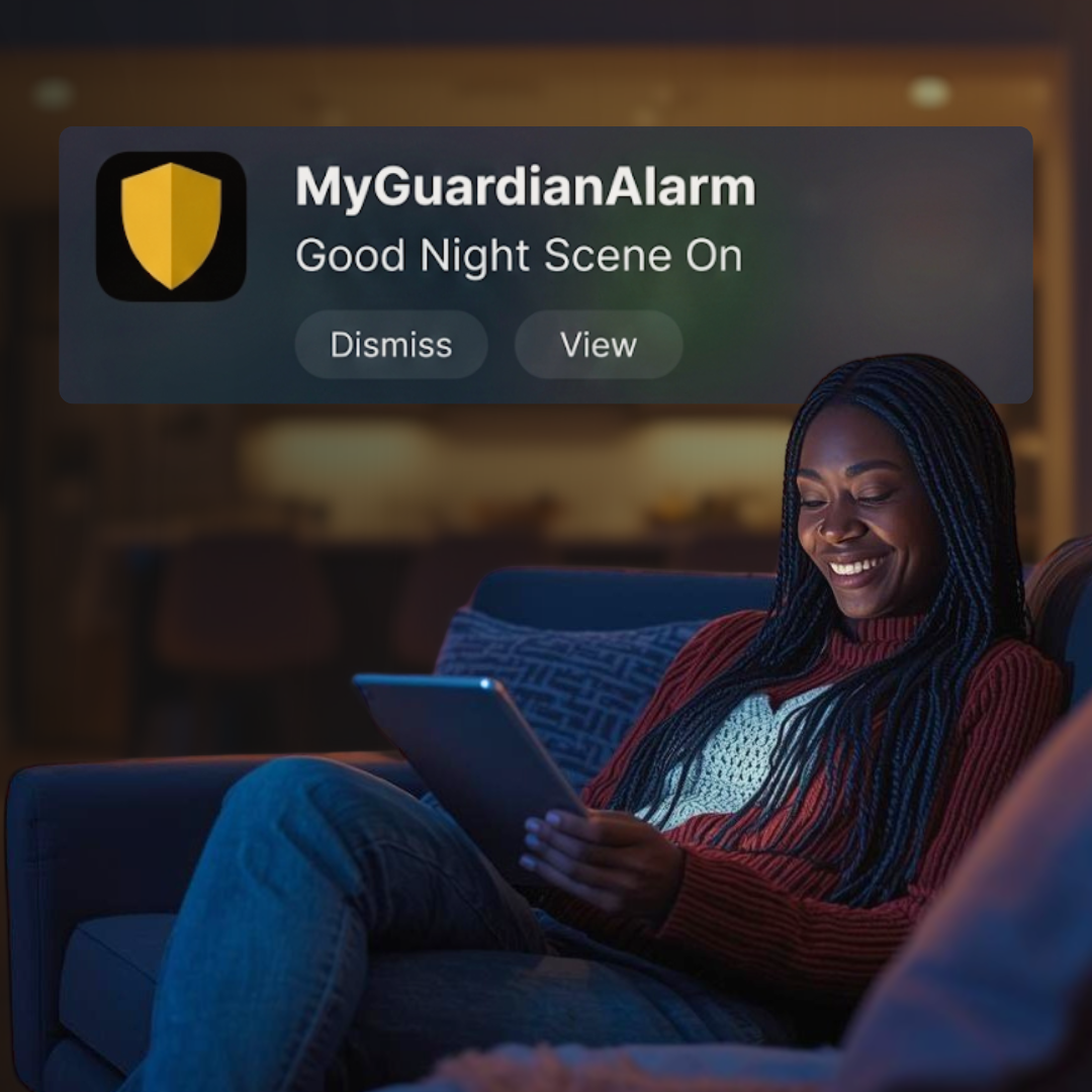 A homeowner relaxing on the couch using a tablet to control smart home lighting and security settings via the Guardian Alarm app.