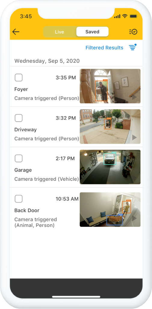 Smartphone display of security cameras through the Myemailnotifier mobile app