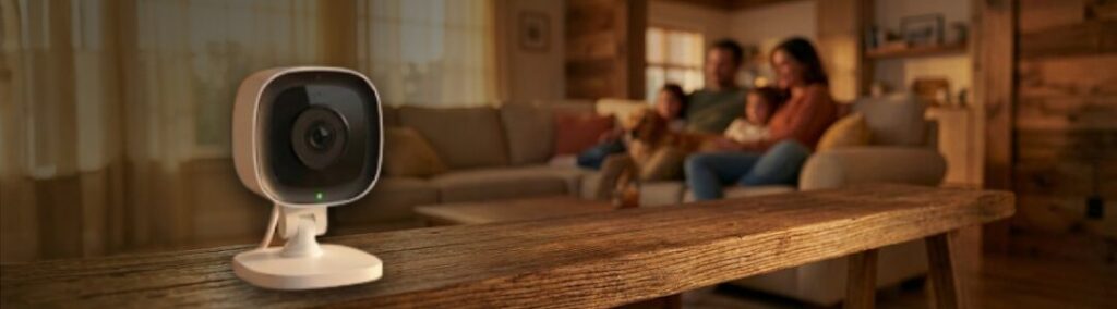 A smart indoor security camera with its mechanical privacy shutter closed, sitting on a shelf while a family relaxes in the background, illustrating home privacy.