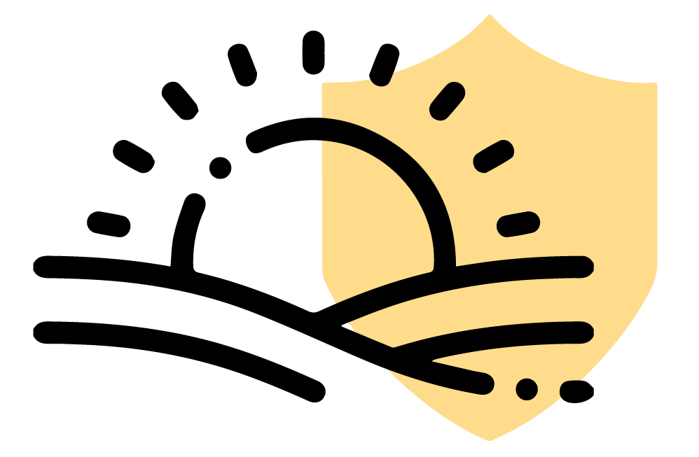 Sunrise morning icon with a yellow shield