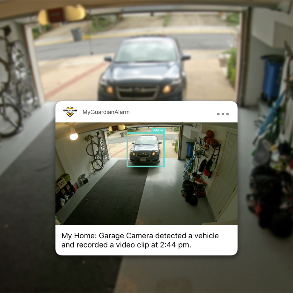 Car pulling into the garage and showing a video of the Myemailnotifier video detection
