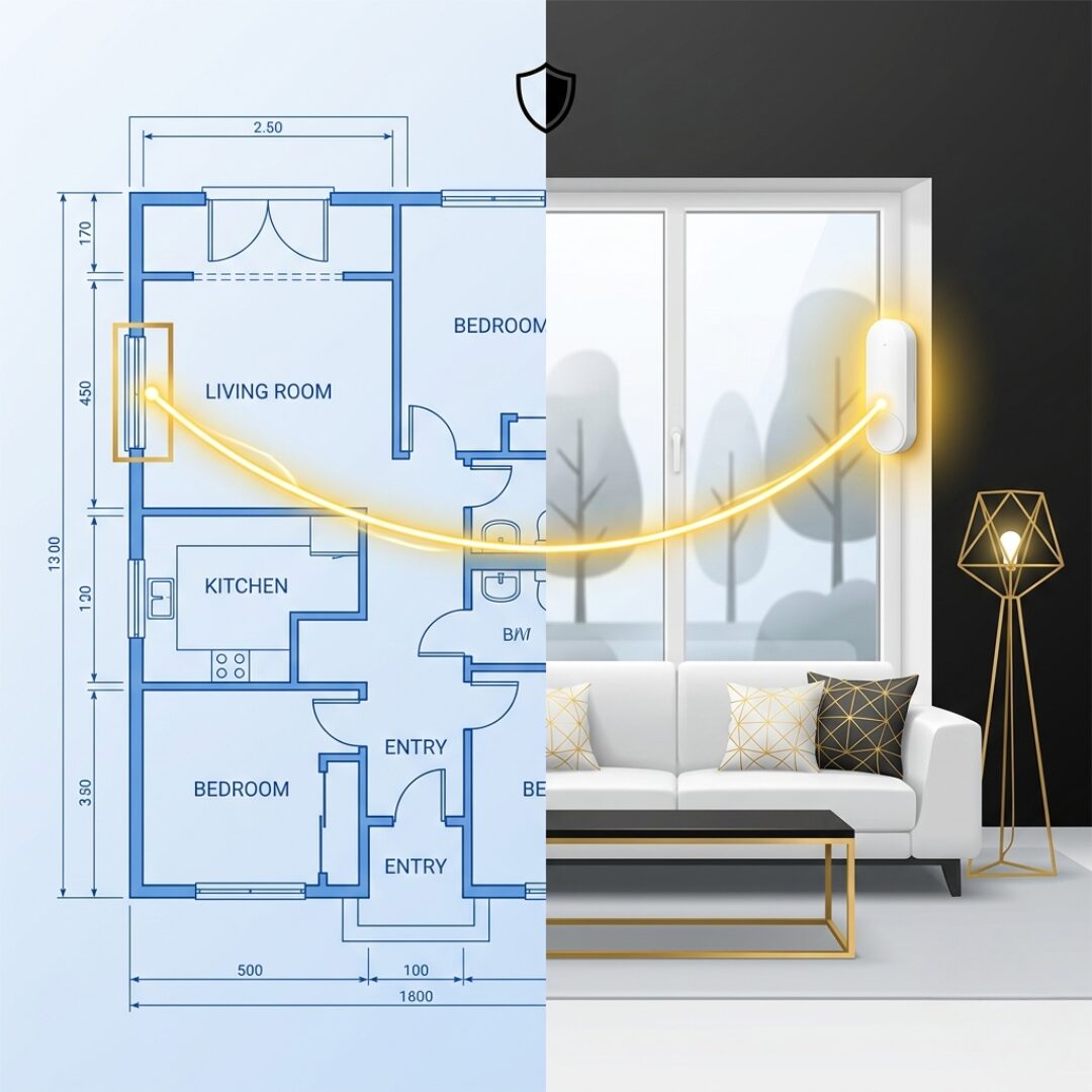 Graphic showing a home blueprint connected to a modern security sensor, illustrating the importance of planning security upgrades during a remodel.